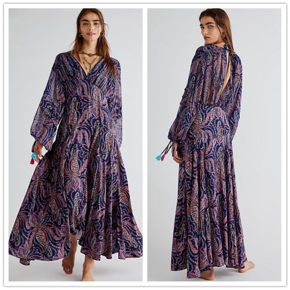 Free People Dresses & Skirts - NWOT Free People Mirage Paisley Printed Long Maxi Dress in Sapphire Combo Sz 8